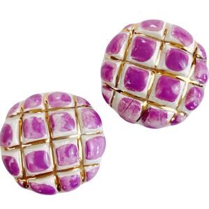 VTG 1980s Ceramic Purple White Grid Clip On Earrings Mod Revival Gold Tone